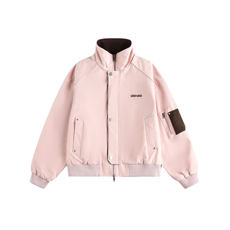 Cattee American Retro Letter Embroidered Stand Collar Jacket for Men and Women Pink Loose Casual Pilot Couple Jacket