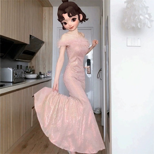 One-Shoulder Evening Dress Elegant High-End Light Luxury Toasting Dress Bridal High-End Fishtail Dress Long Banquet Host