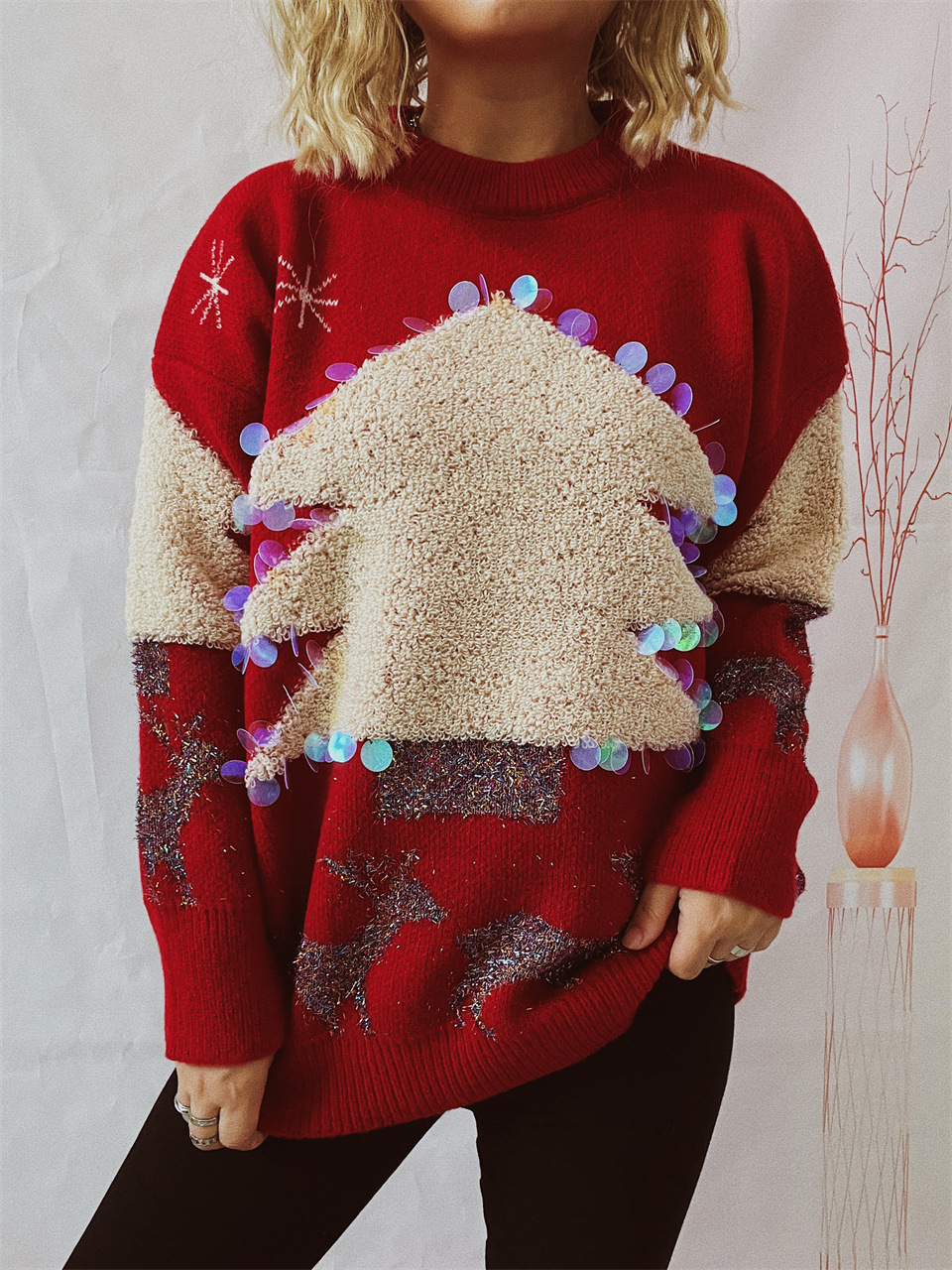 Women's Christmas Tree And Deer Sequined Pullover Sweater_voghion.com