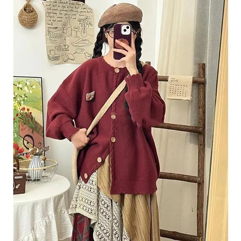 Ancora Red College 스타일 니트 카디건 스웨터 여성 코트 이른 봄 새로운 느슨한 올매치 탑