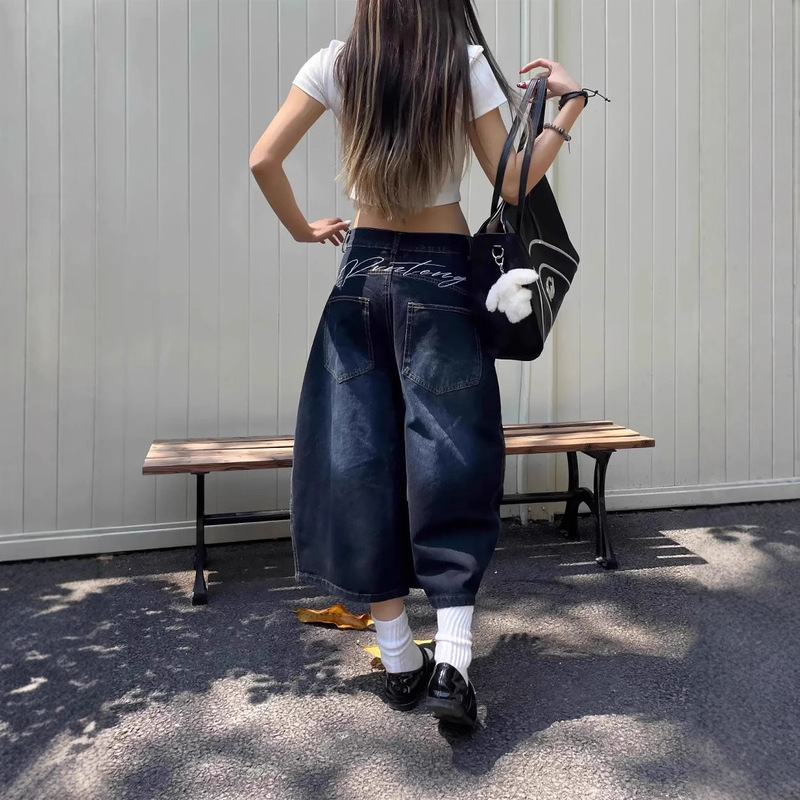 American Style Back Embroidered Stitching Machete Pants Jeans Women's 2025 Summer New Vintage Wide Leg Cropped Pants Shorts American Style Back Embroidered Stitching Machete Pants Jeans Women's 2025 Summer New Vintage Wide Leg Cropped Pants Shorts