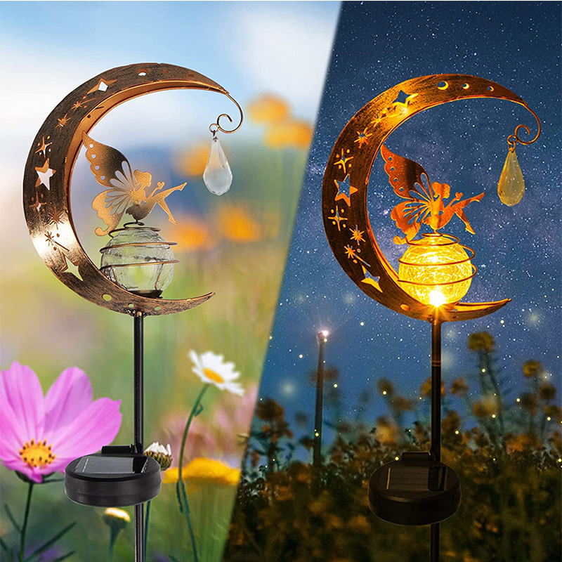 Popular Amazon Solar Moon Fairy Lamp Outdoor Garden Decoration Iron Floor Lamp Fairy Angel Lamp