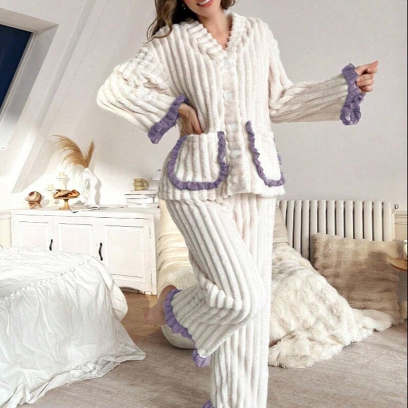 Autumn and Winter New Jacquard Coral Velvet Fleece-Lined Thickeneded Round Neck Long-Sleeved Pants Pajamas Sweet Home Wear Suit for Women Autumn and Winter New Jacquard Coral Velvet Fleece-Lined Thickeneded Round Neck Long-Sleeved Pants Pajamas Sweet Home Wear Suit for Women