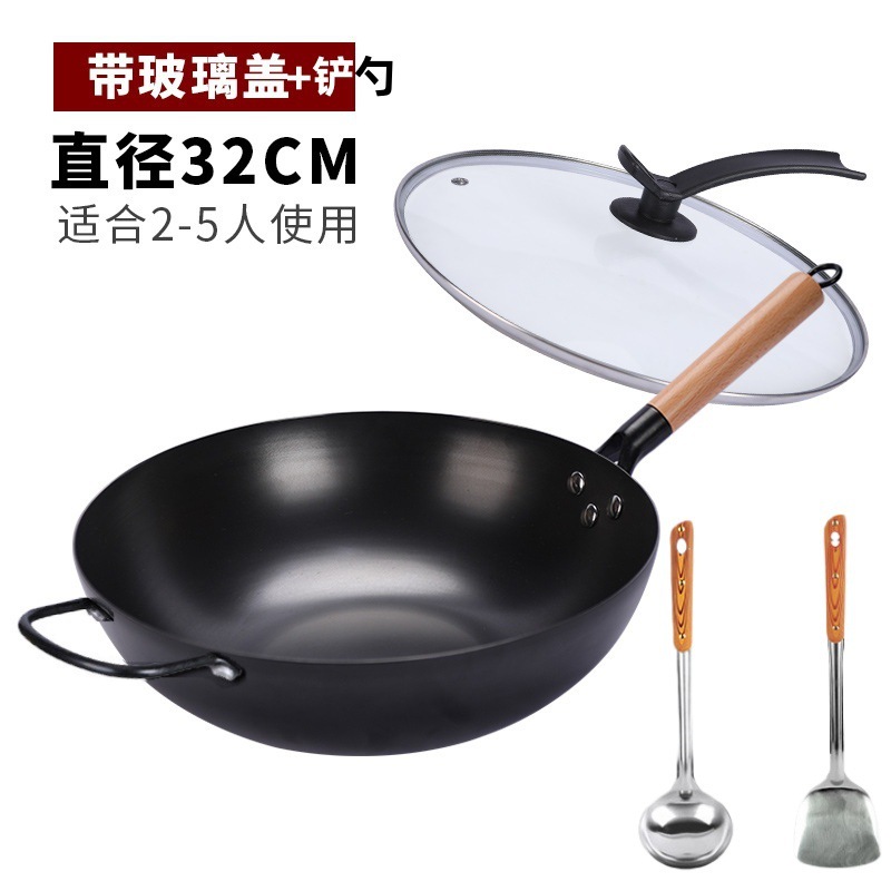 32cm 깊이 질화 평면 단일 냄비 + 귀 + 유리 뚜껑 + 삽 + 숟가락 [냄비 준비]