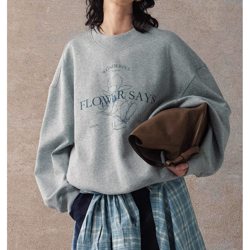 FLOWERSAYS: Magnolia American retro fold casual crew neck sweater women 2024 autumn long sleeve jacket FLOWERSAYS: Magnolia American retro fold casual crew neck sweater women 2024 autumn long sleeve jacket