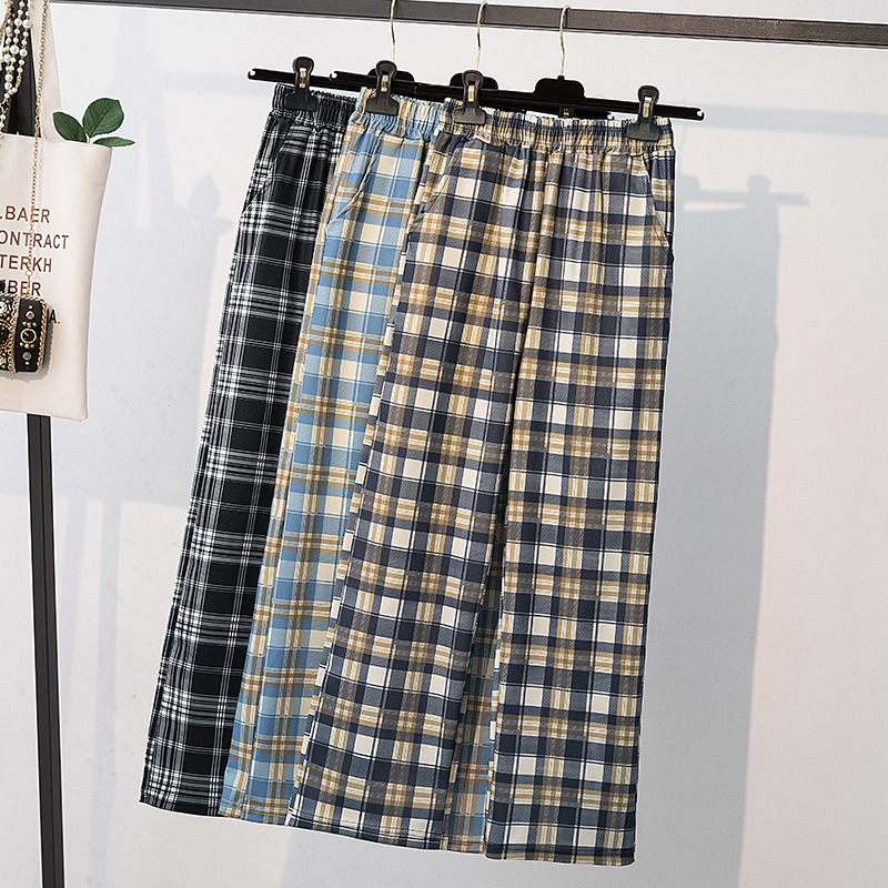 实拍大码女装2021夏季新款冰丝阔腿裤胖MM宽松显瘦休闲格子运动裤|ru