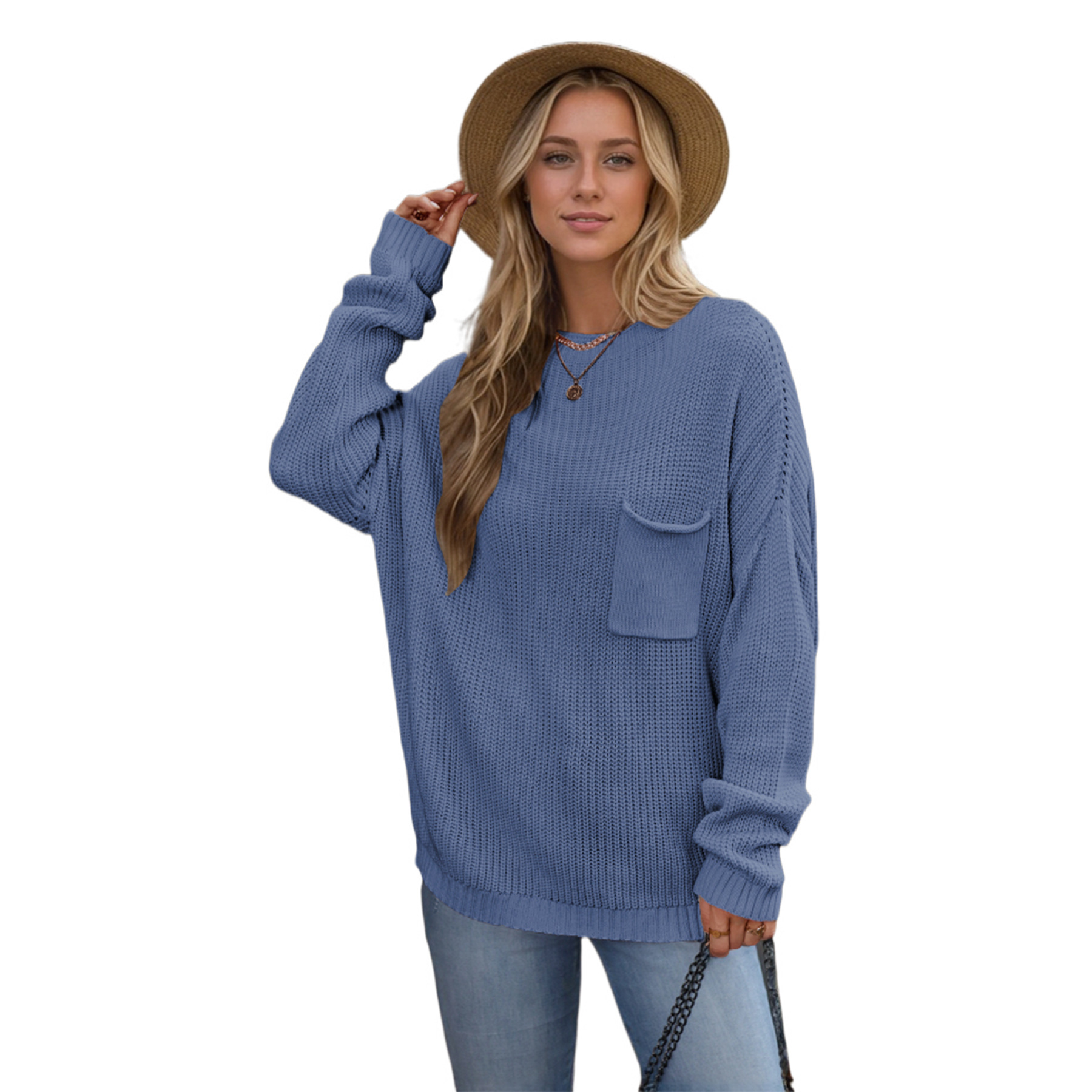 2023 invierno Amazon nuevo Batwing manga pequeño cuello alto suéter europeo y americano color sólido bolsillo suéter de las mujeres