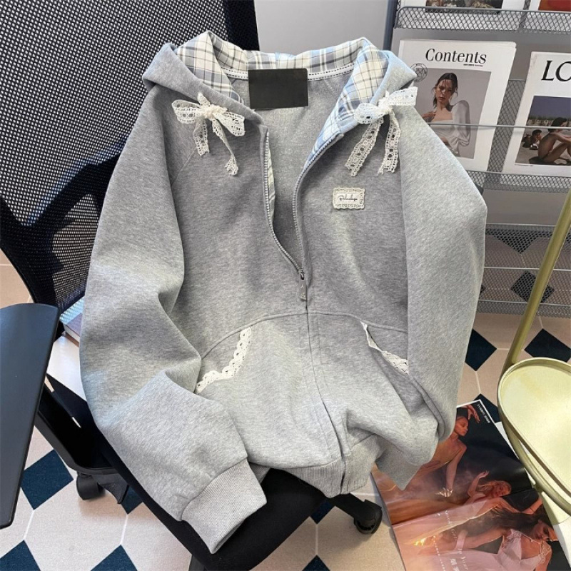 美式复古格子蕾丝连帽卫衣女春秋新款oversize宽松学院风开衫外套|undefined