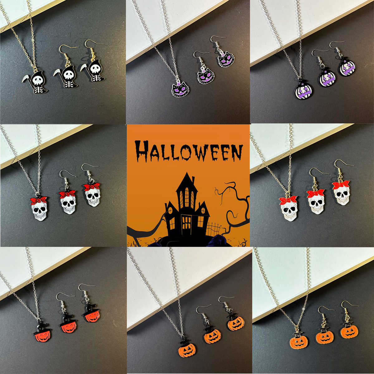 Orecchini a forma di fantasma con cartone animato alla moda di Halloween, personalità divertente, collana con teschio di zucca, set di orecchini_voghion.com