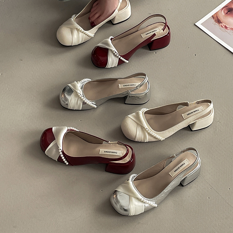 French Retro Pearl Twist Thick Heel Toe Sandals for Women 2025 Fairy Evening Style Flats with Skirt Mary Jane Shoes