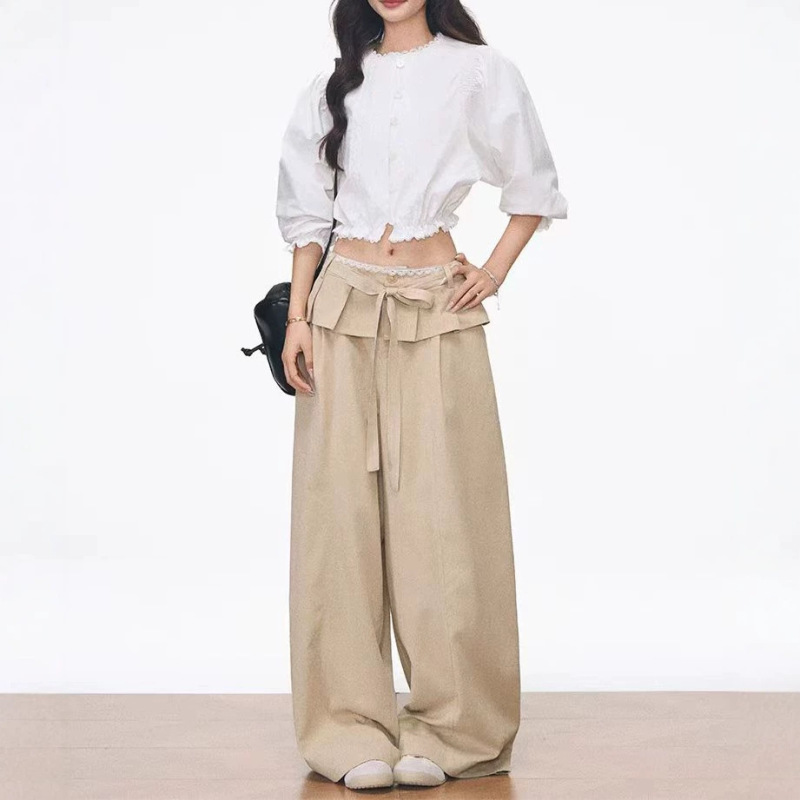 Women's Korean-Style Workwear Shirt with Three-Quarter Sleeves + Khaki Ruffled Wide-Leg Pants