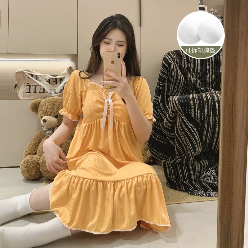 Verano 2025 pijama de mujer dopamina de color sólido imitación de algodón agujero plegado pijama rodilla ropa de hogar con cojín de pecho