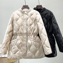 菱格羽絨棉服女冬季2023新款小個子中長款收腰輕薄棉衣女修身外套