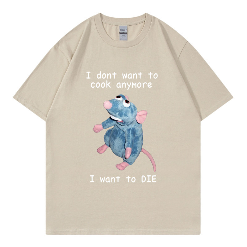 T-shirt en pur coton marque de mode sport nouveaux hommes ample col rond imprimé souris je ne veux pas cuisiner à nouveau T-shirt_voghion.com