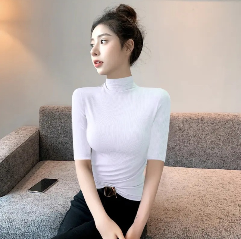 黑色螺纹方领中袖打底衫女内搭修身T恤显瘦气质五分袖洋气上衣服|undefined
