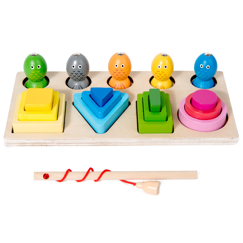 Forma geométrica a juego columna de madera magnética pesca dos en uno bloques de construcción juguetes de educación temprana de los niños