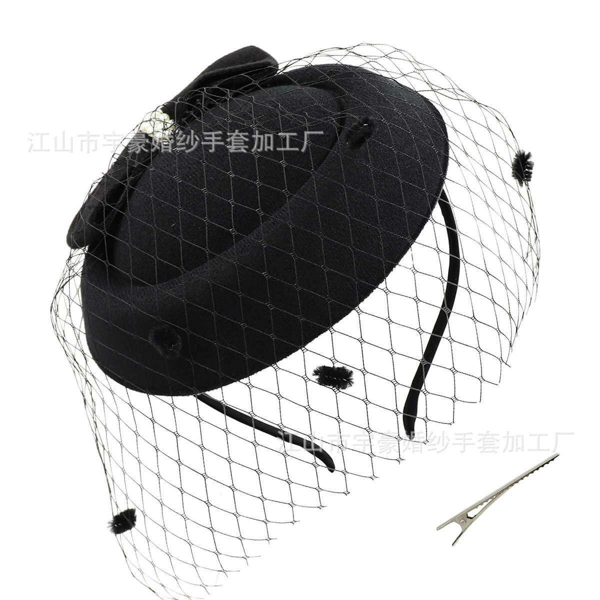 Black woolen veil, hair accessory, universal cute hat