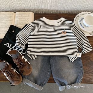 Bangcheng Kidsren's Long-Sleeved T-Shirt 2025 Spring & Fall New Korean Style Boys' Stripesd Pullover Bottoming Shirt Kidsren's Clothing H0357
