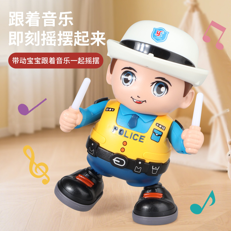 抖音儿童电动跳舞男警公仔发光音乐可充电模型机器人玩具地摊批发|undefined