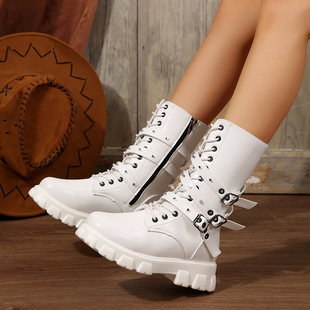 Cross-border European and American style 2024 autumn and winter new locomotive boots thick bottom round head belt buckle solid color plus size women's martin boots