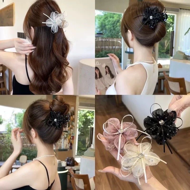 蝶結びメッシュリボンフラワーヘアピン、多用途シャーククリップ、スーパーフェアリーフラッシュダイヤモンドヘアピン、ポニーテールクリップ、女性用ヘアアクセサリー|undefined