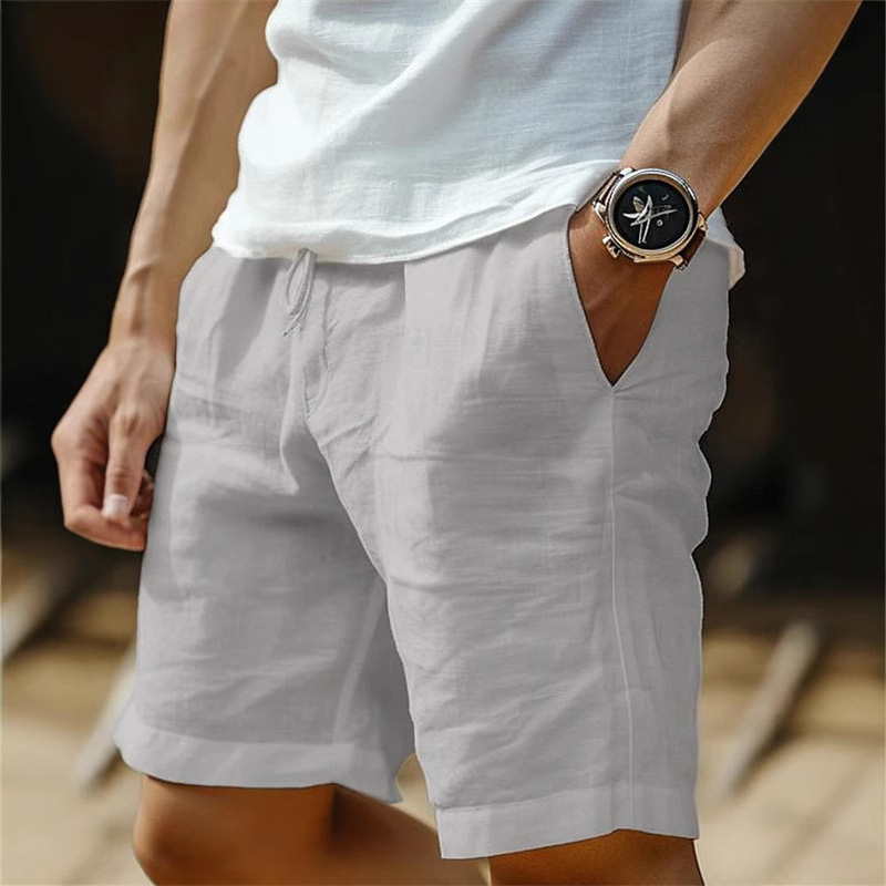 New Cross-Border Cotton and Linen Shorts Drawstring Elastic Waist Straight Leg Solid Color Breathable Daily Beach Casual Pants