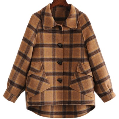 2021 Spring Two-sided Cashmere overcoat coat Korean Edition yellow lattice 100 Wool leisure time Woollen cloth coat