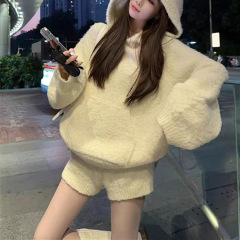 2025韩版新款慵懒风毛茸茸连帽学生毛衣外套女秋冬针织短裤两件套