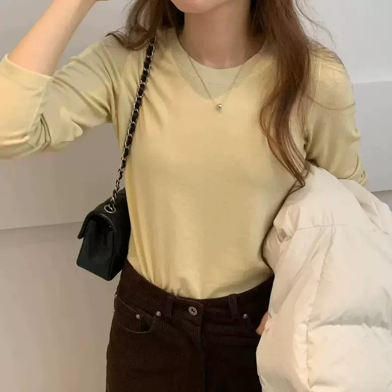 现货2025冬季新韩国东大门OU*CE纯色简约圆领长袖打底衫T恤上衣女