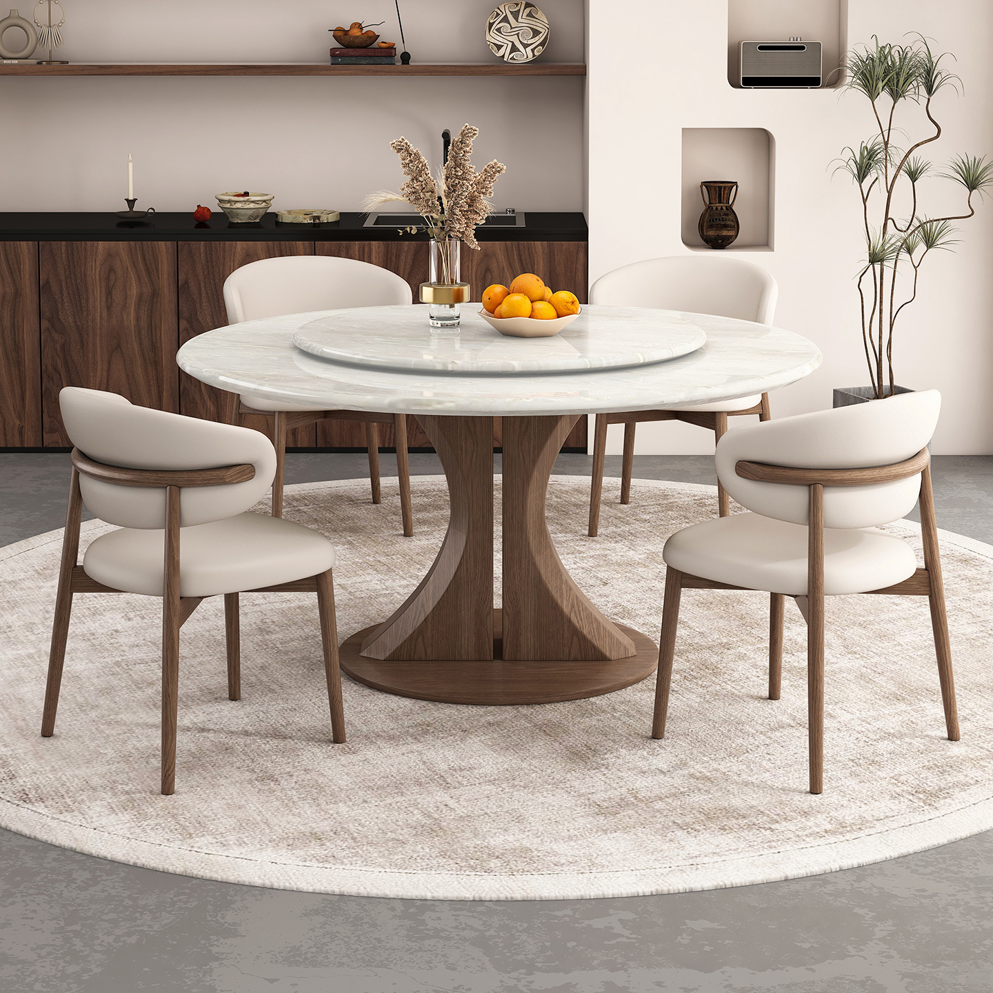 Kari Ice Jade Luxury Stone Solid Wood Dining Table, Natural Imported Marble Round Table, Light Luxury High-End Dining Table and Chairs for Home Use
