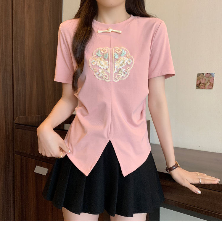 2024 Summer Embroidered Split Short Sleeve Design T-shirt New Chinese style High end Bottom Top_voghion.com