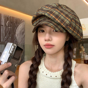 Japanese Style Niche Design Plaid Octagonal Hat Women's Summer Thin Retro Face-Showing Small Cloud Hat Casual Versatile Beret