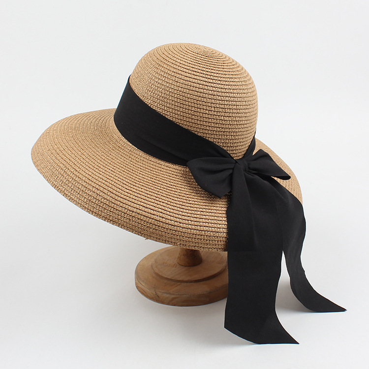 Straw Material Solid Color Pattern Summer Season Women's Classical Retro Pastoral Solid Color Bowknot Big Eaves Straw Hat