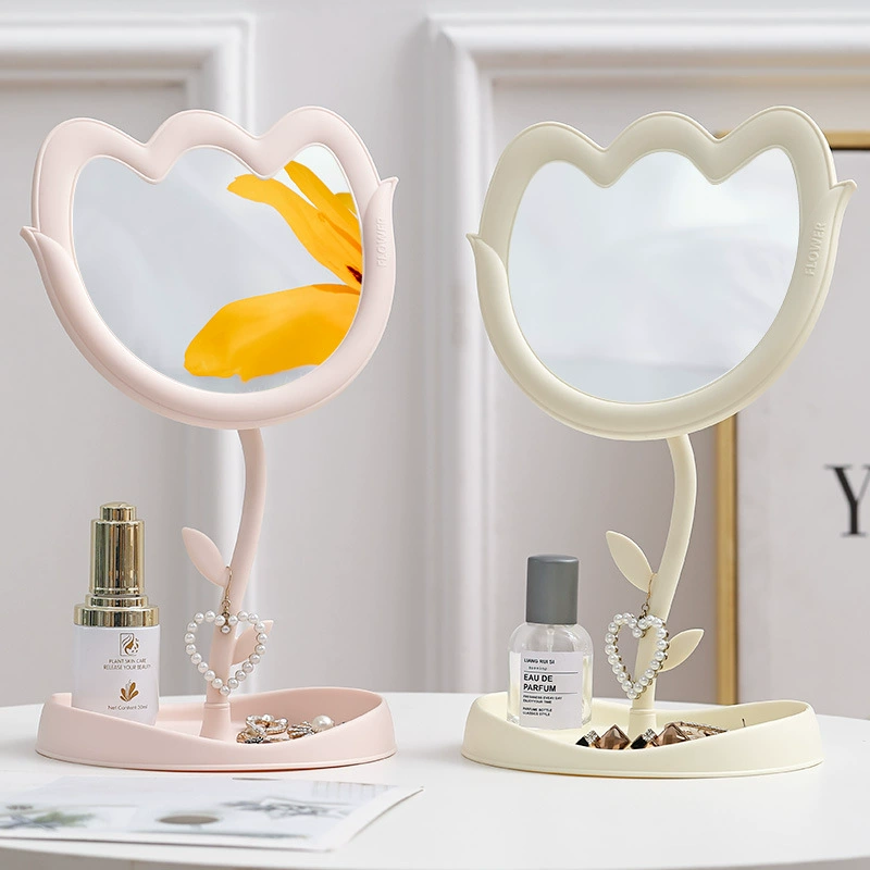 Desktop Tulip Makeup Mirror, Single-Sided Rotating Stand, Decorative Base Tray, Student Size