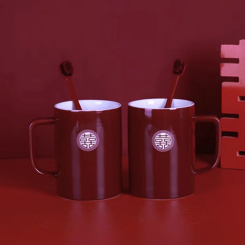 Taza de enjuague de boda, un par de tazas de cepillo de dientes de boda rojas, tazas de cepillo de dientes de boda, set de tazas de dientes de boda
