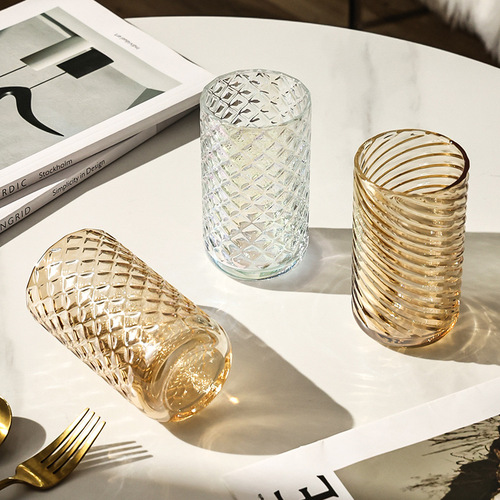 Ins-style embossed thread glass cup American coffee cup soda bubble water drink oat milk breakfast cup