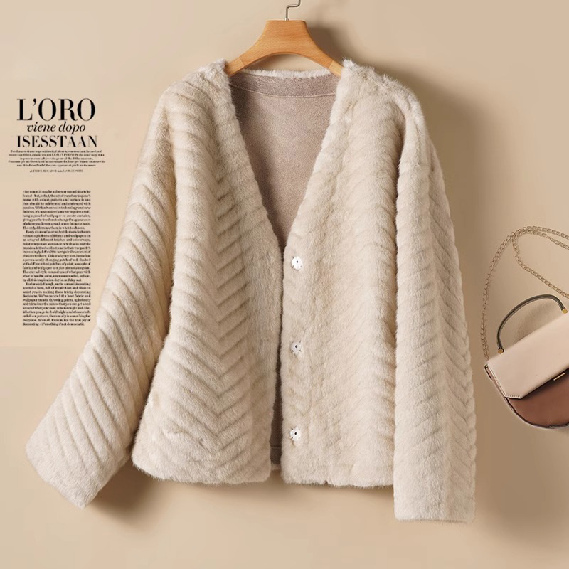 살구 트윌 브이넥 쇼트 인조 밍크 퍼 재킷