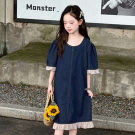 女童牛仔连衣裙夏洋气儿童短袖泡泡袖夏季裙子女大童夏装2025新款