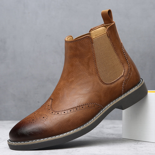 Chelsea Boots for Men, British Style Engraved Short Boots, Soft Leather Retro High-Top Men's Boots, Winter Warmth Martin Boots