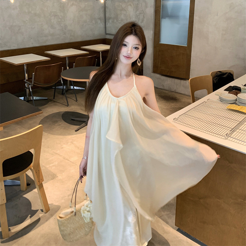 新中式复古V领挂脖吊带连衣裙女夏季不规则设计感小众气质长裙子|undefined