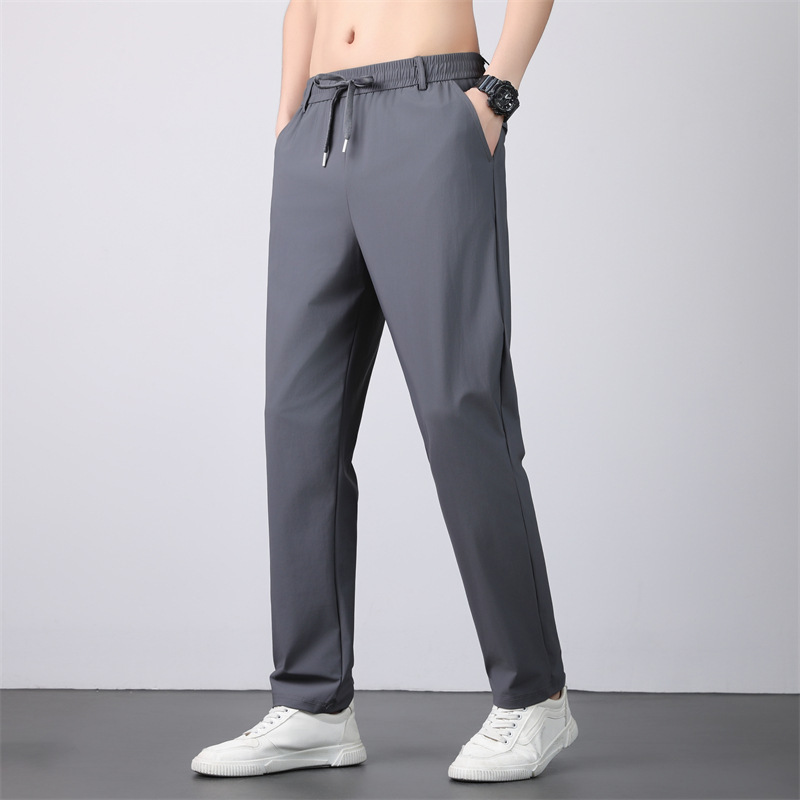 Men's silk summer thin sports elastic quick dry solid color trousers…
