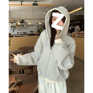 懒风条纹连帽卫衣女秋冬小狗刺绣拉链开衫外套潮