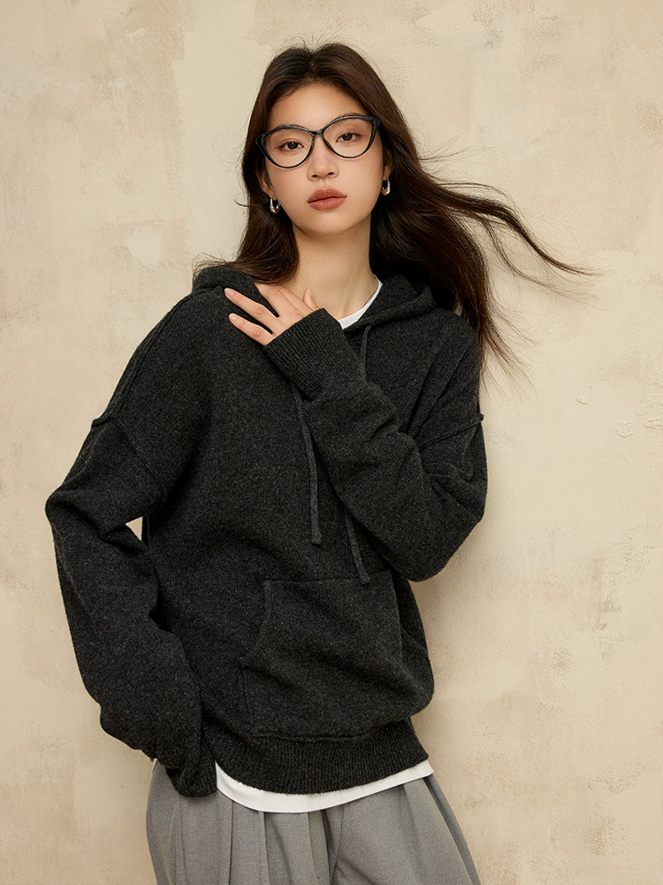 Демисезонная шерстяная худи, вязаный свитер, drawstring, oversize