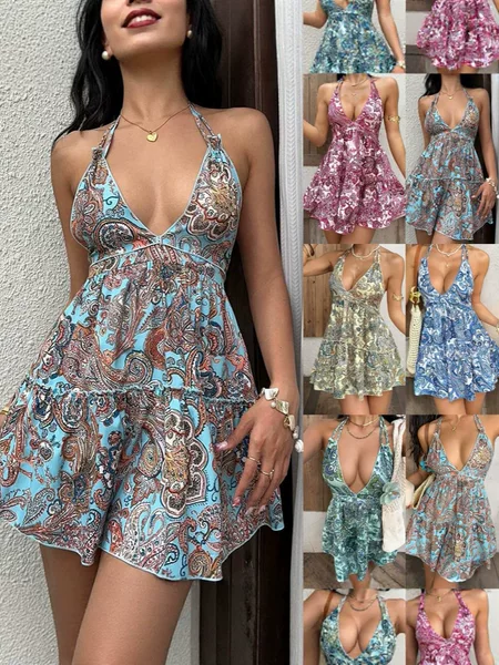 Amazon's New Floral Spaghetti Strap Dress, European and American Style Backless Beach Dress for Women, Cross-Border Waist-Cinching, Summer 2025