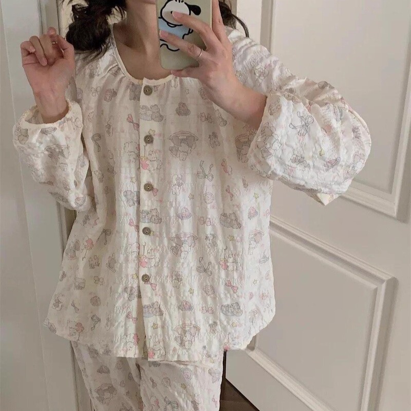 [Cardigan Round Neck Carousel] Spring and Autumn Casual Long Sleeve Cloud Cotton Cute Pajamas Women's Suit Home Clothes