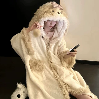 可爱毛绒潦草小狗连帽舒棉绒保暖睡袍女冬加绒加厚新款斗篷睡袍
