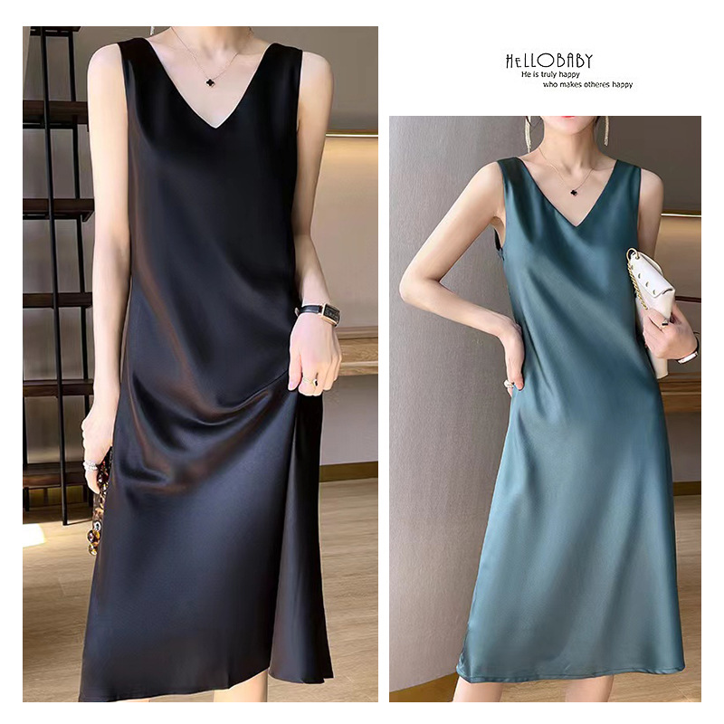 Nuevo vestido sin mangas para mujer 2026, nuevo vestido largo de satén por encima de la rodilla para verano, con tirantes de color liso y talla grande.