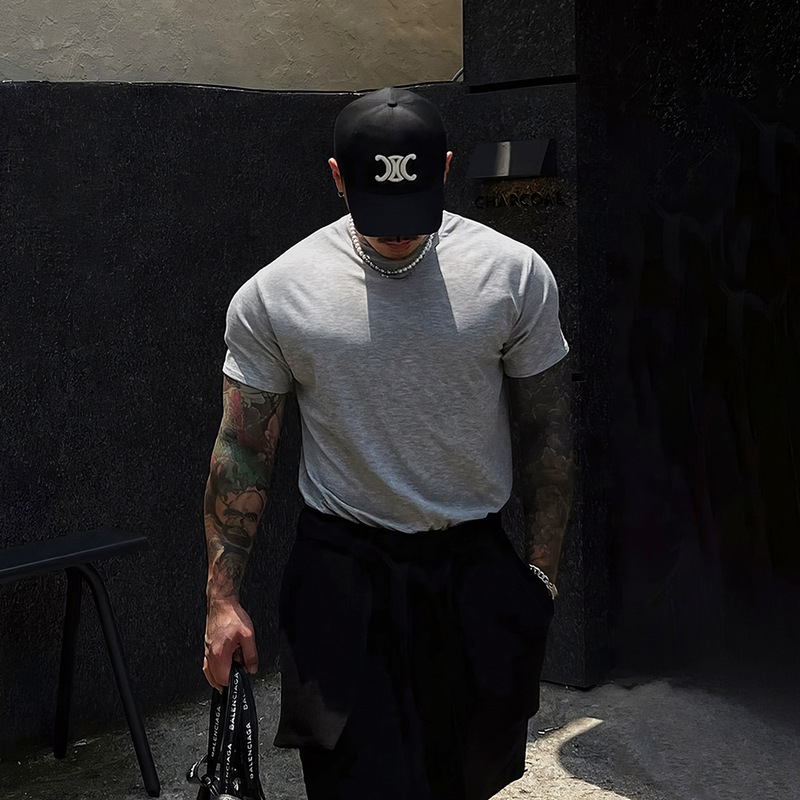 Heavyweight Gray Crew Neck Casual Short Sleeve T-Shirt for Men, Summer American Style Trendy Brand, Simple Muscle-Showing Fitness Sports Top