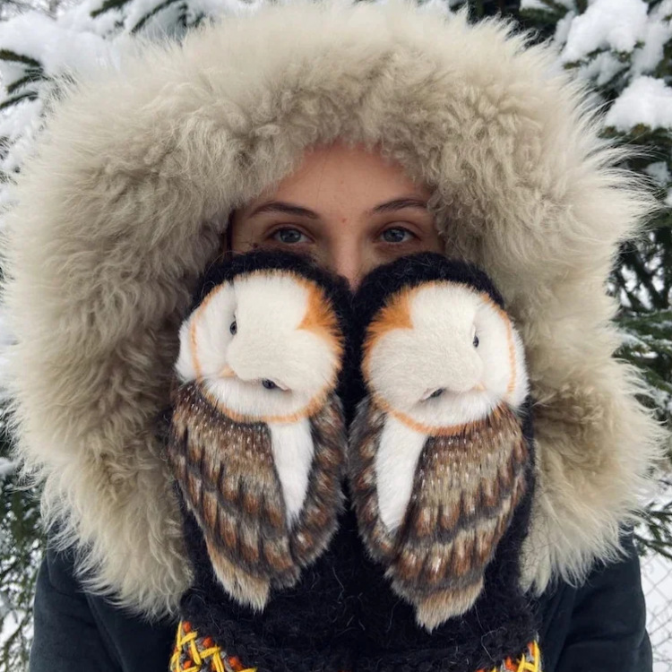 3D猫头鹰针织手套 Hand Knitted Wool Nordic Mittens with Owls