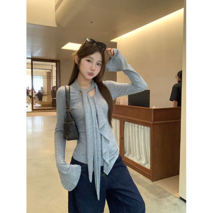 春秋修身显瘦正肩纯色长袖T恤女别致飘带荷叶边设计内搭打底上衣|undefined